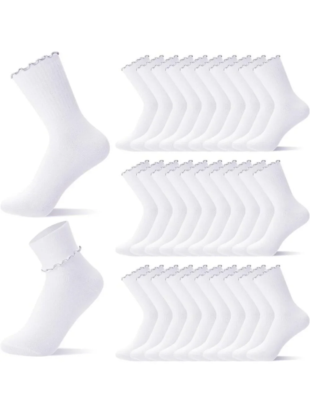 Bulk Ruffle Ankle Socks for Women - Breathable White Frilly Crew Socks